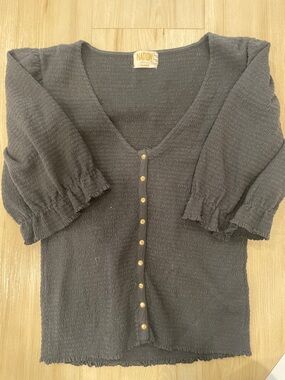 Nation LTD Black Smocked V-Neck Button Front Top with Gold Buttons